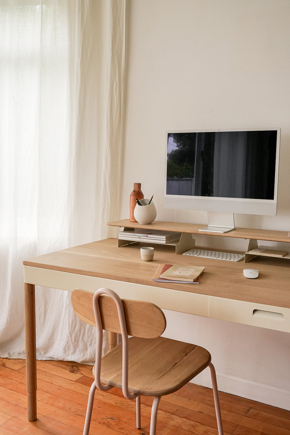 Military Desk in oak and ivory steel