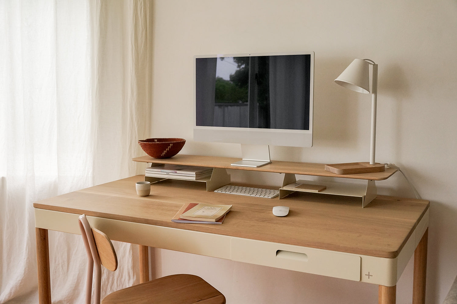 Military Desk in oak and ivory steel